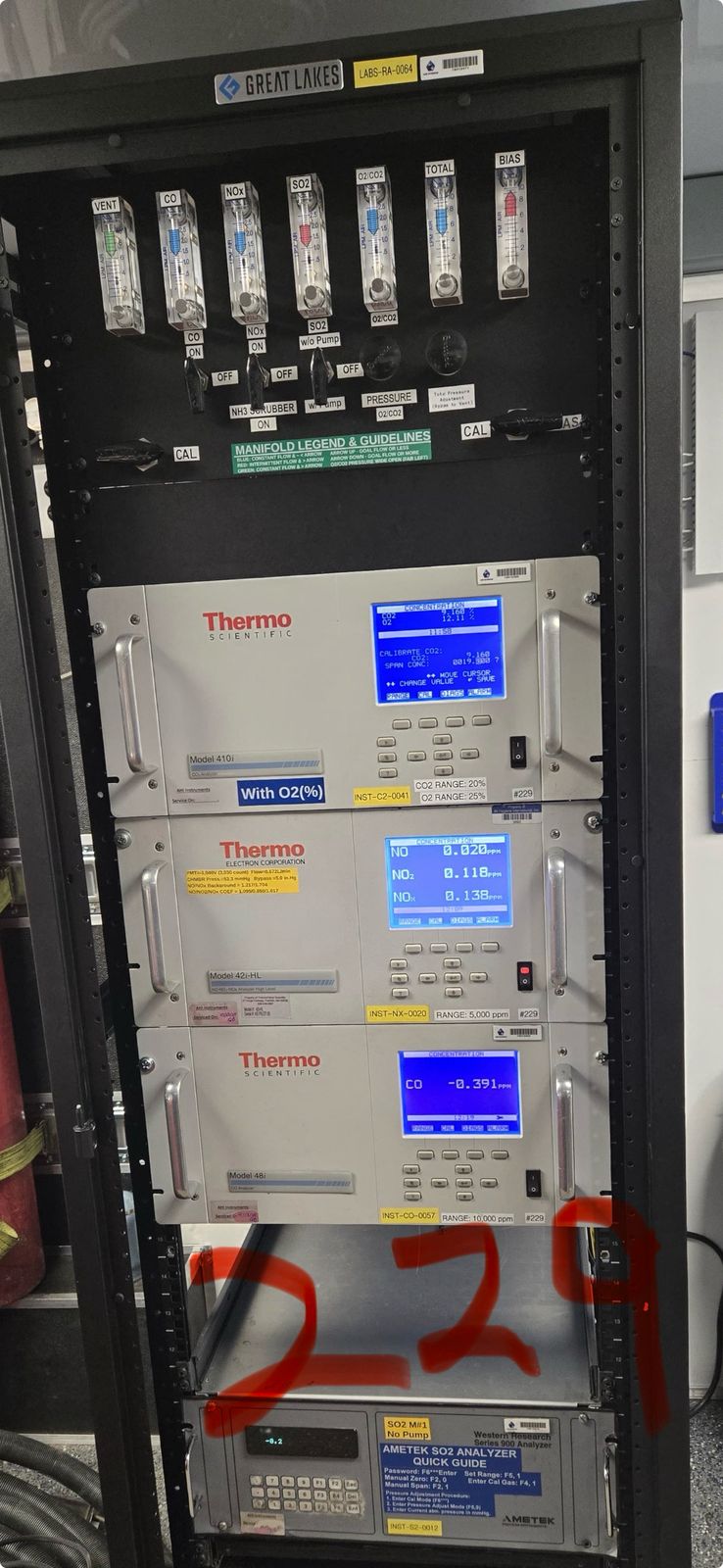 A second CEMS rack, its analyzers lit and numbered 229 on the frame